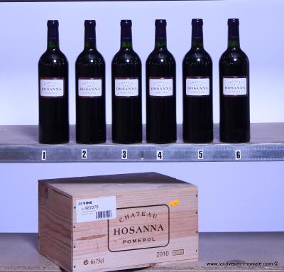 six bouteilles 75cl en caisse bois originale de Château Hosanna 2010,Pomerol,grand vin