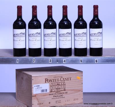 six bouteilles dans leur caisse bois de Château Pontet-Canet 2010 Pauillac 5e Grand Cru Classé