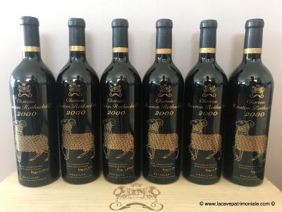 six bouteilles 75cl sérigraphiées or du Château Mouton Rothschild 2000 1er Grand Cru Classé de Pauillac